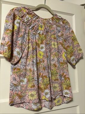 LOFT Pink Floral Smocked Peasant Blouse